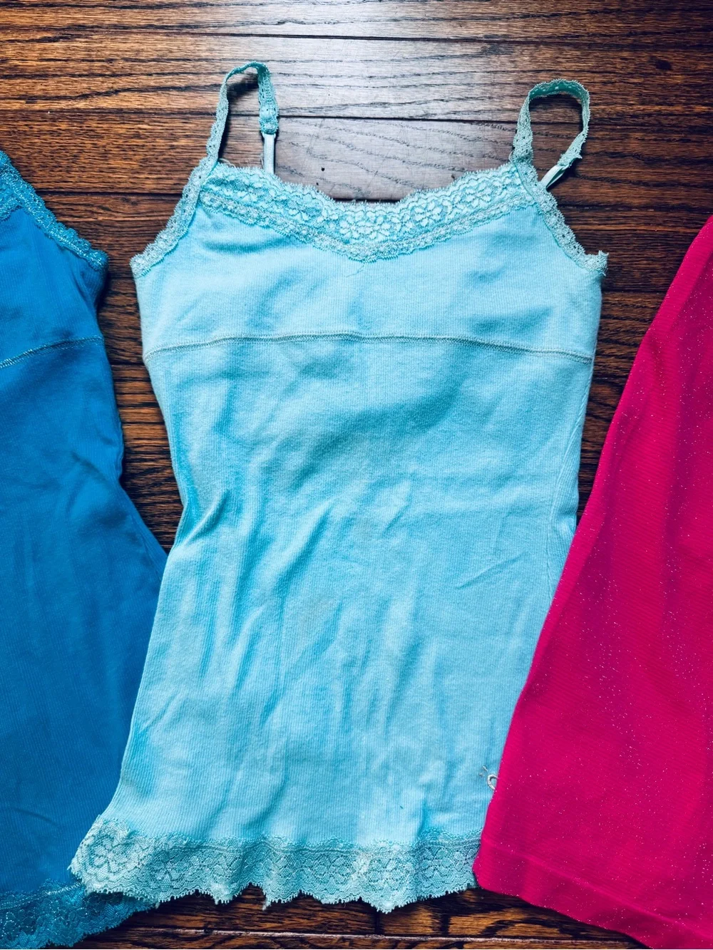 Justice Girls 3-Pack Lace Trim Camisoles - Bright Pink, Aqua, Teal